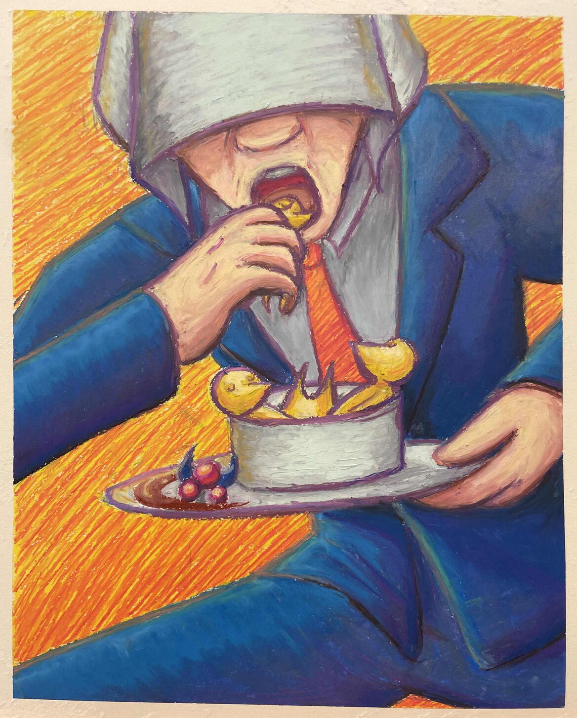 CEO Devouring his Ortolan, Oil Pastel on Paper Illustration, 16x20 inches