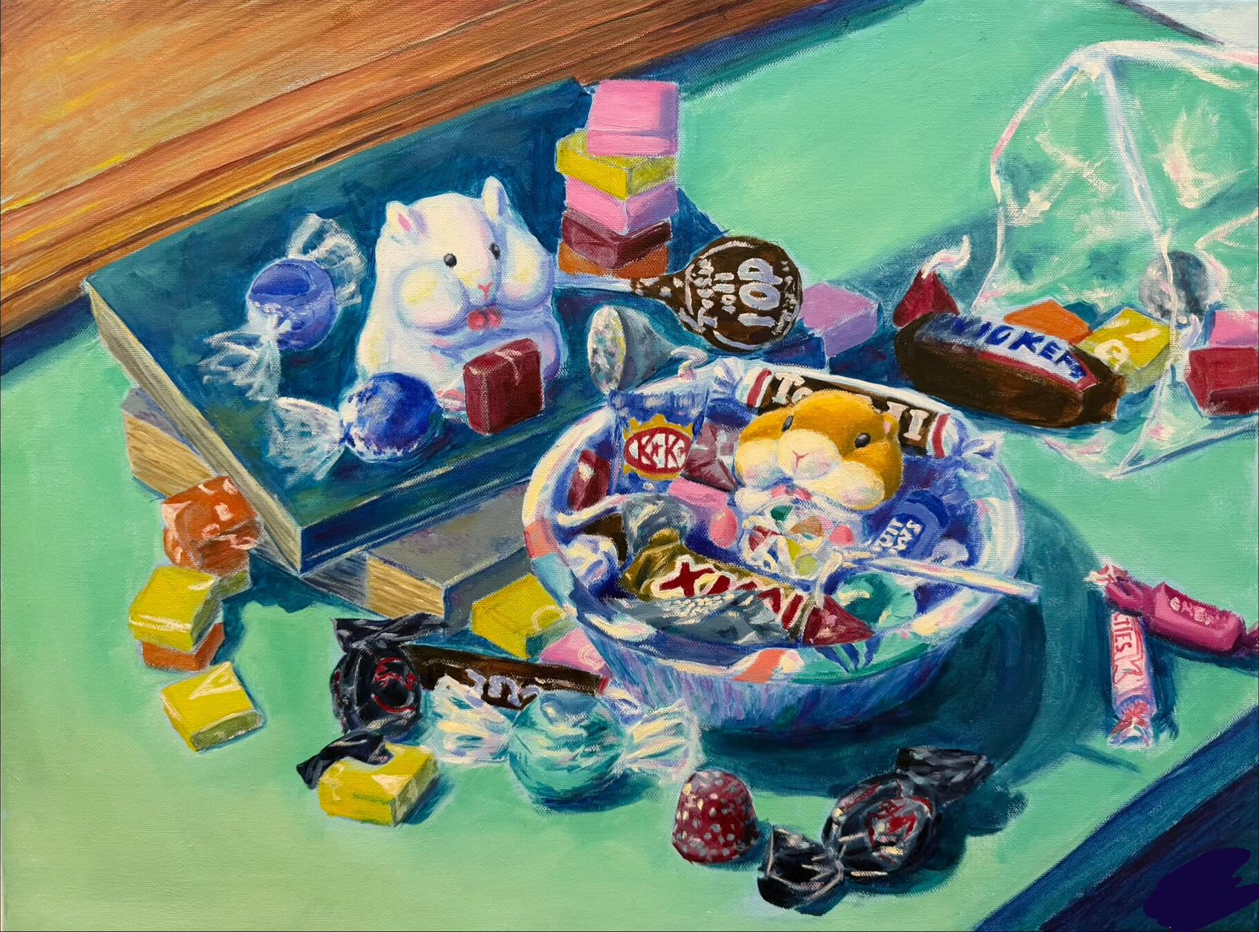 Hamsters Enjoying a Sweet Feast, Oil on Canvas, 23 x 18 inches