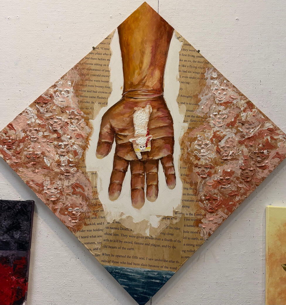 The Father's Right Hand, Multimedia on Wooden Panel, 20 x 20 inches