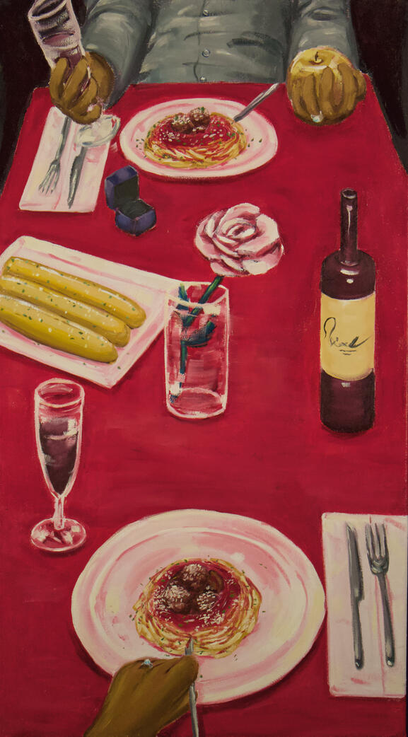 Food Love: Dinner, Oil on Canvas, 20 x 36 inches