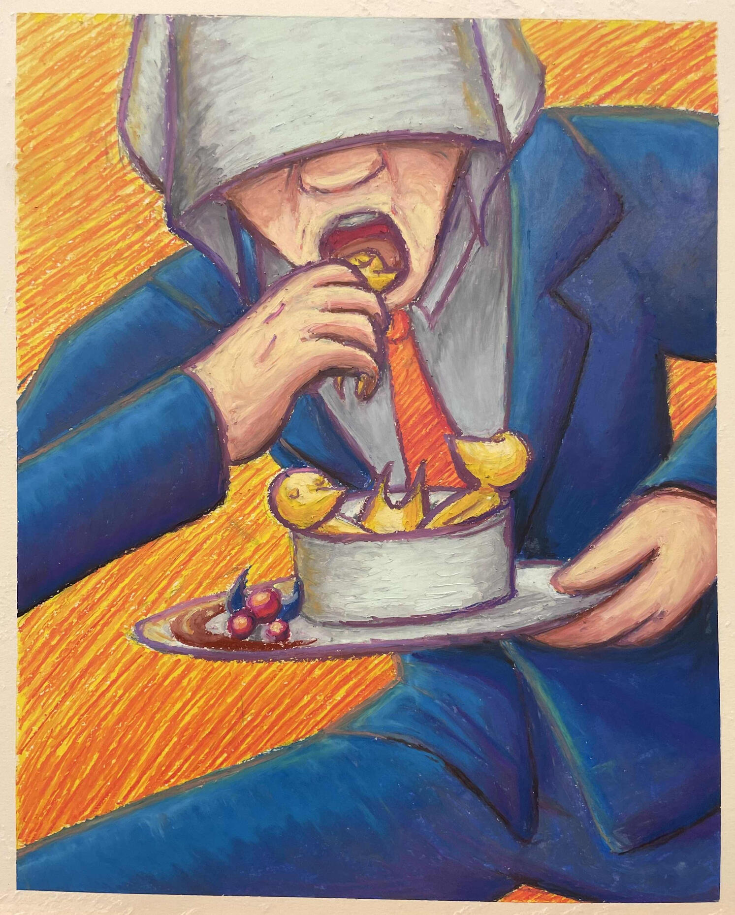 CEO Devouring his Ortolan, Oil Pastel on Paper Illustration, 16x20 inches